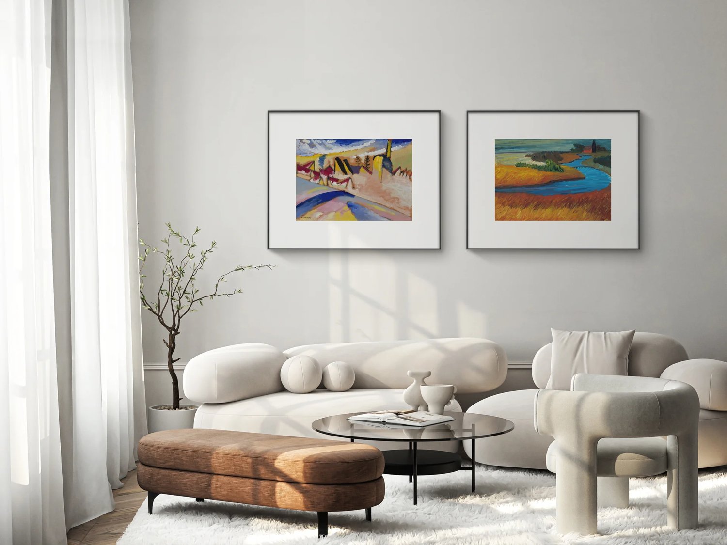 Two E-Ink picture frames displaying color artwork in a bright living room