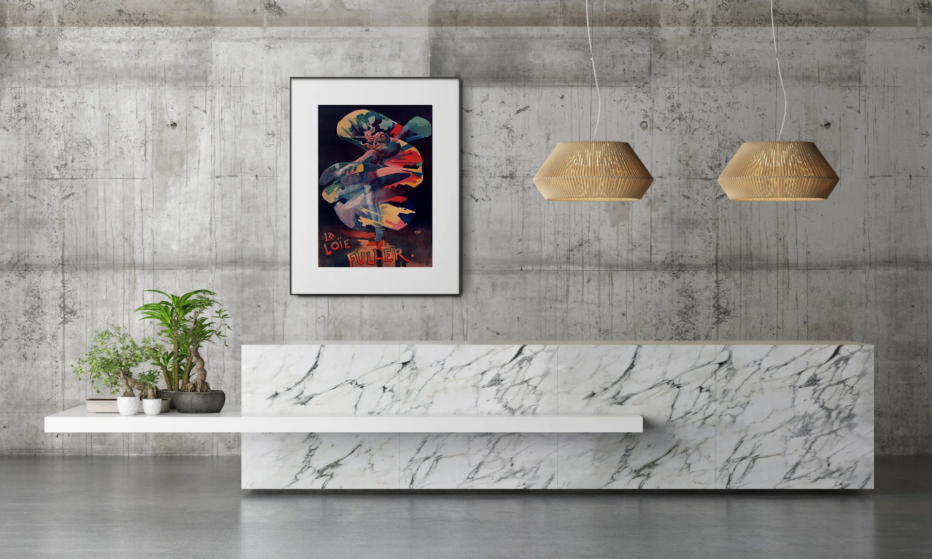 Color E-Ink artwork displayed in a concrete hotel reception interior